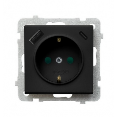 SONATA Gniazdo pojedyncze z uziemieniem schuko z przesłonami torów prądowych z ładowarką USB A+C kolor czarny metalik GP-1RSPUSBAC/m/33 OSPEL (GP-1RSPUSBAC/m/33)